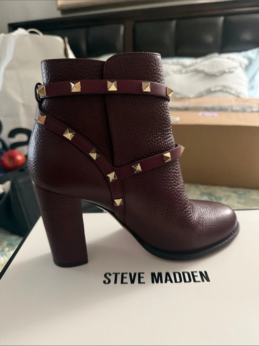 Valentino Garavani Wine Red Studded Leather Ankle Booties